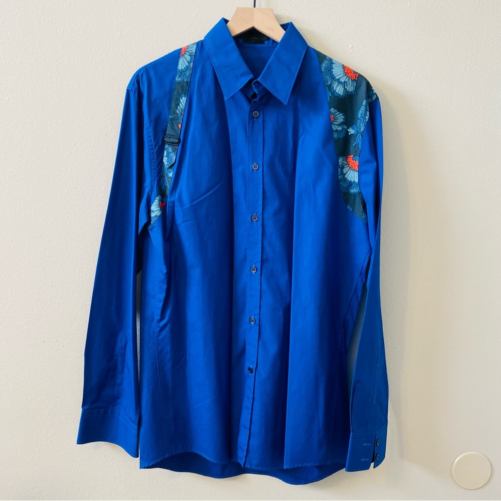 Alexander Mcqueen Royal Blue Floral harness Long Sleeve Men's Dress Shirt 54